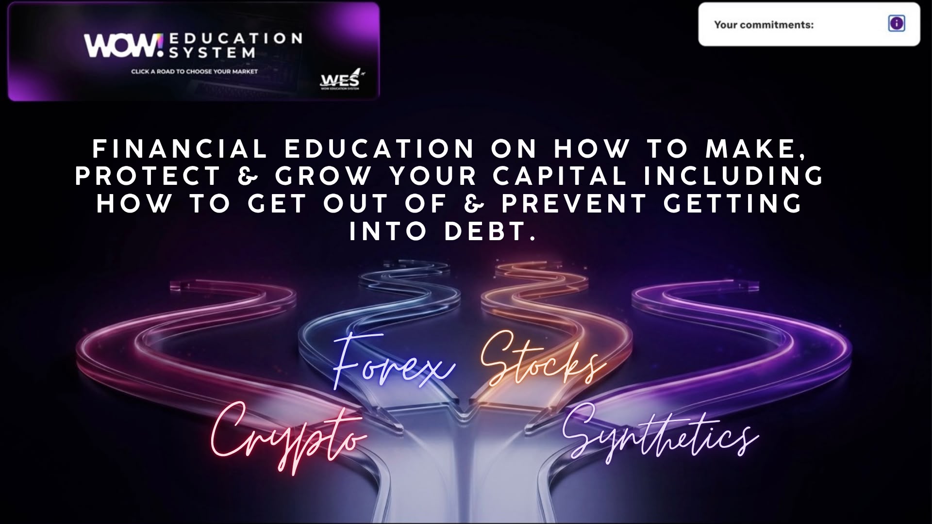 Financial education pathways covering Forex, Stocks, Crypto and Synthetics markets.