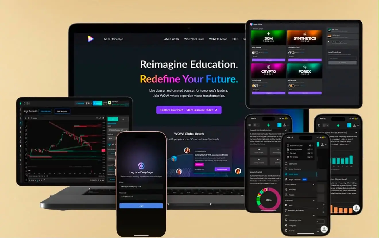 Digital education and market technology shown across desktop, tablet and mobile devices.